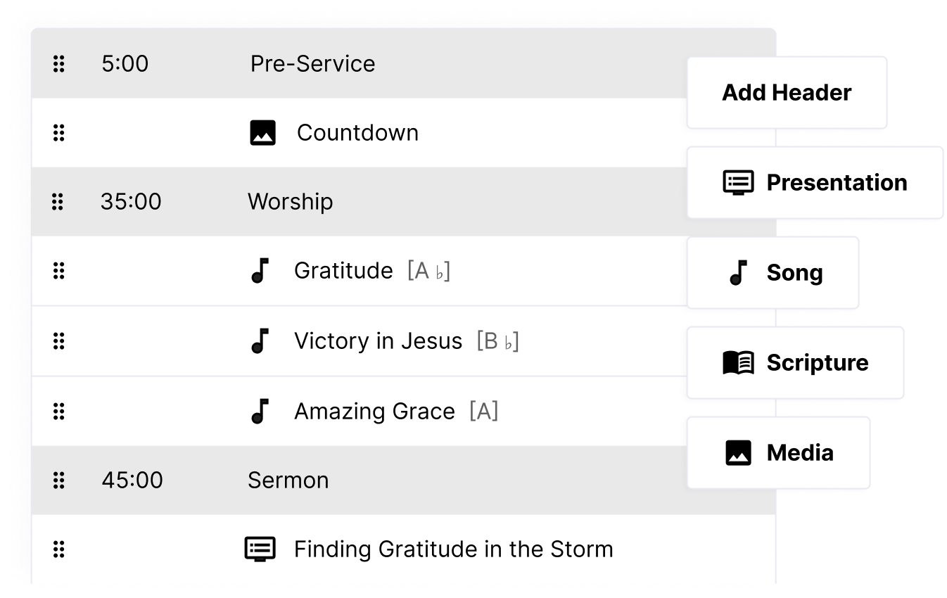 A service agenda listing pre-service, worship, and sermon items with songs and media attached