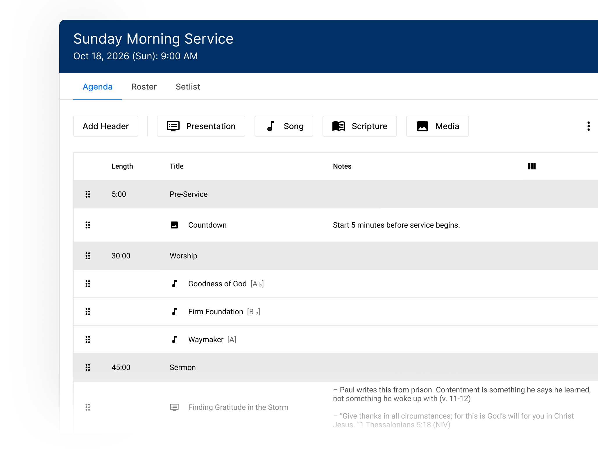 A Sunday morning service plan with agenda, roster, and setlist tabs