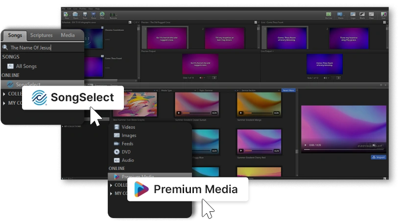 Example of EasyWorship SongSelect and Premium Media integrations