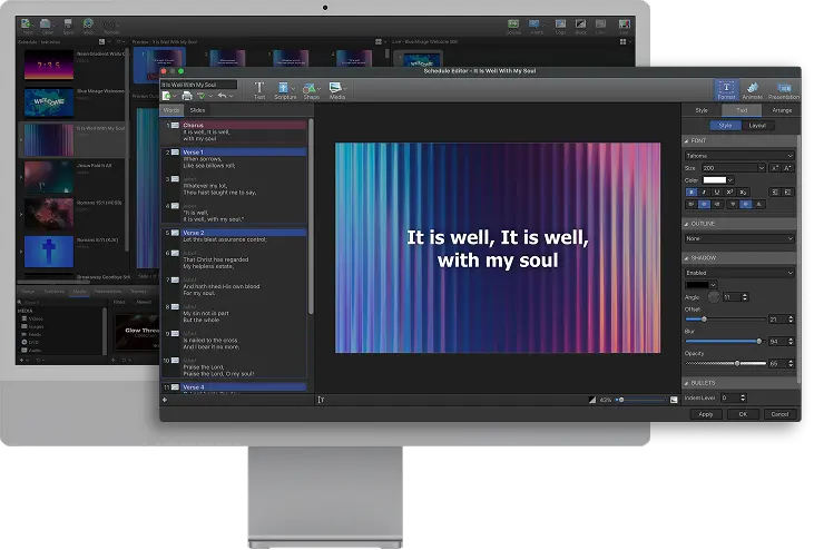 EasyWorship slide editor with a popout window showing slide controls