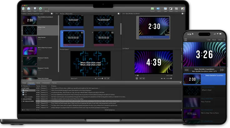 EasyWorship on a laptop, tablet, and phone