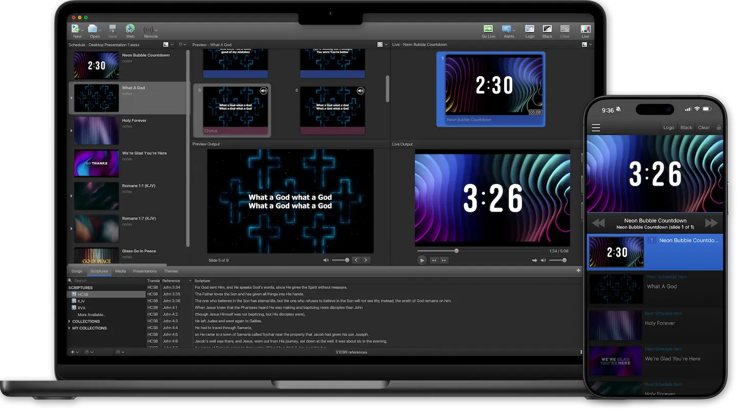 EasyWorship on a laptop, tablet, and phone