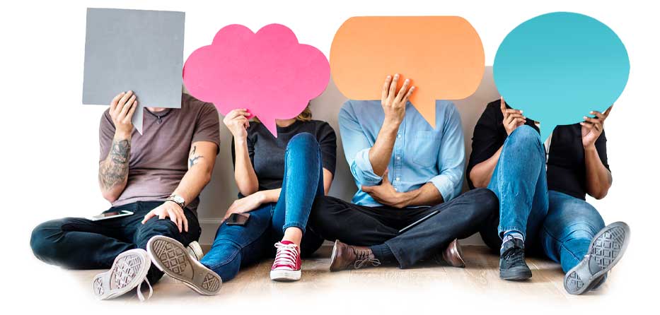 Four people sitting and covering faces with speech bubbles