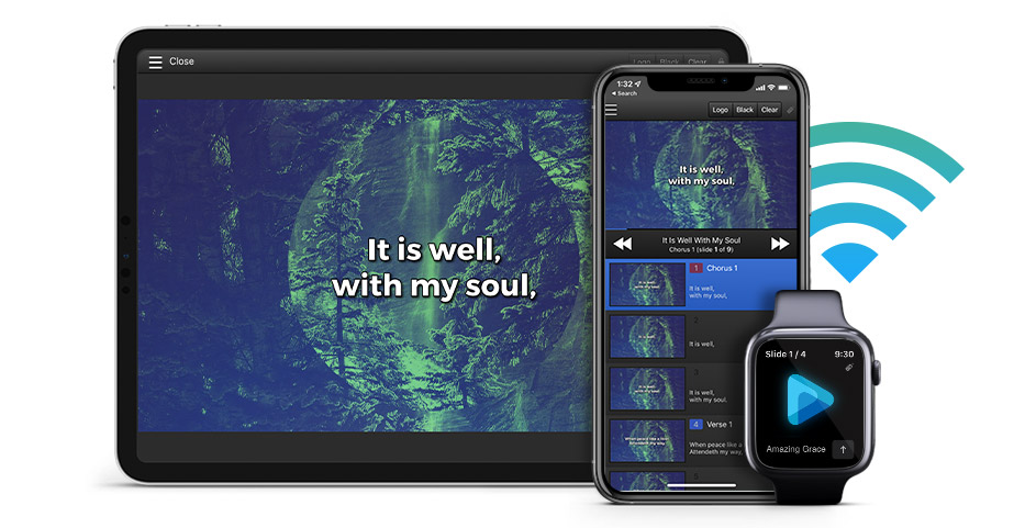 Tablet, phone, and Apple Watch displaying EasyWorship apps