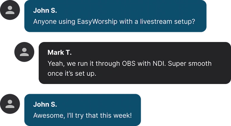 Forum conversation between users about livestream setup with EasyWorship