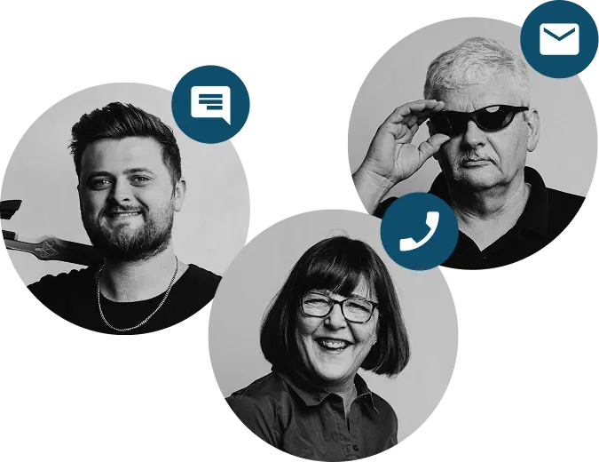 Three EasyWorship support team members with chat, email, and phone icons