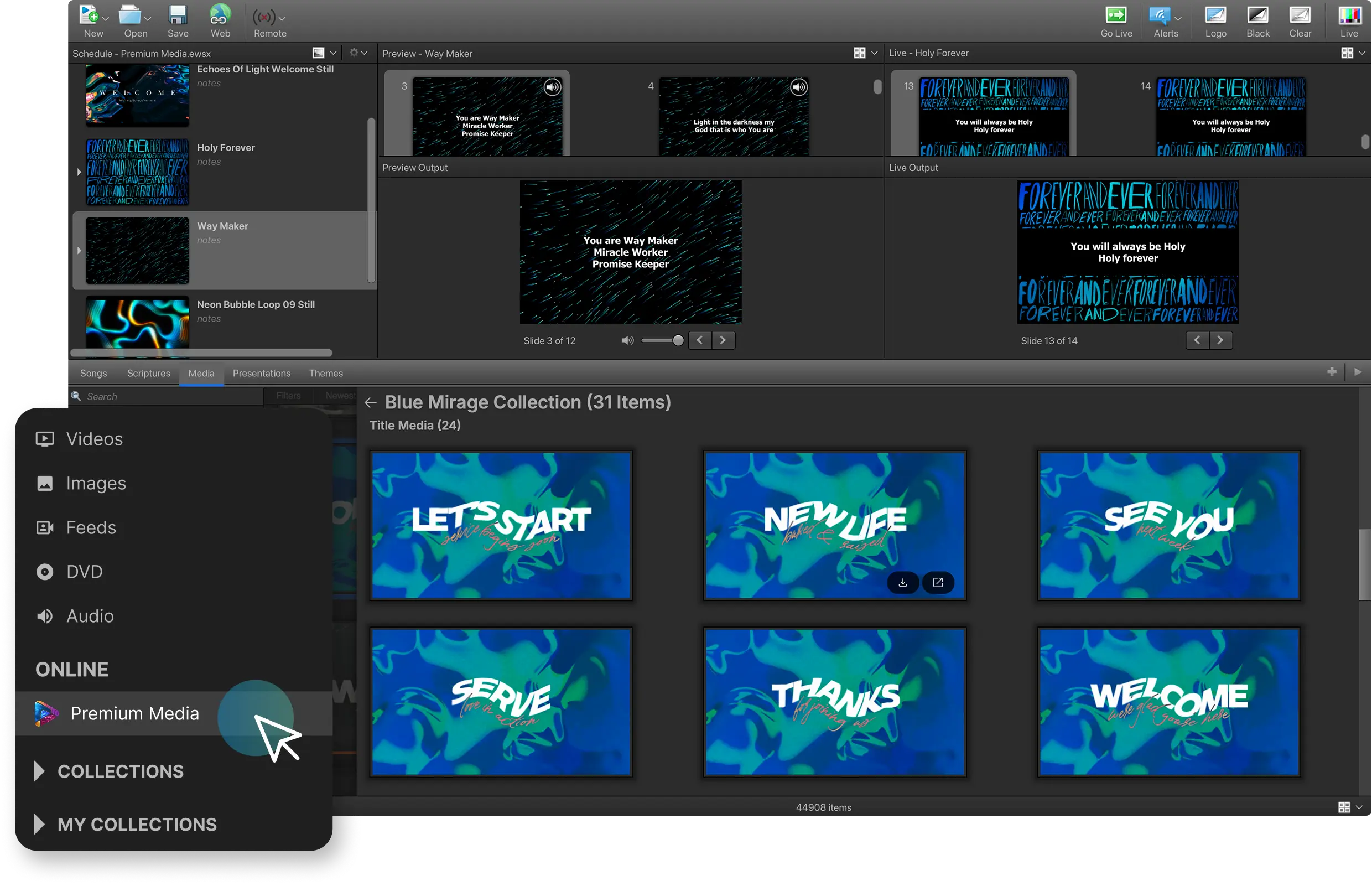 EasyWorship Resource Area showing Premium media collection