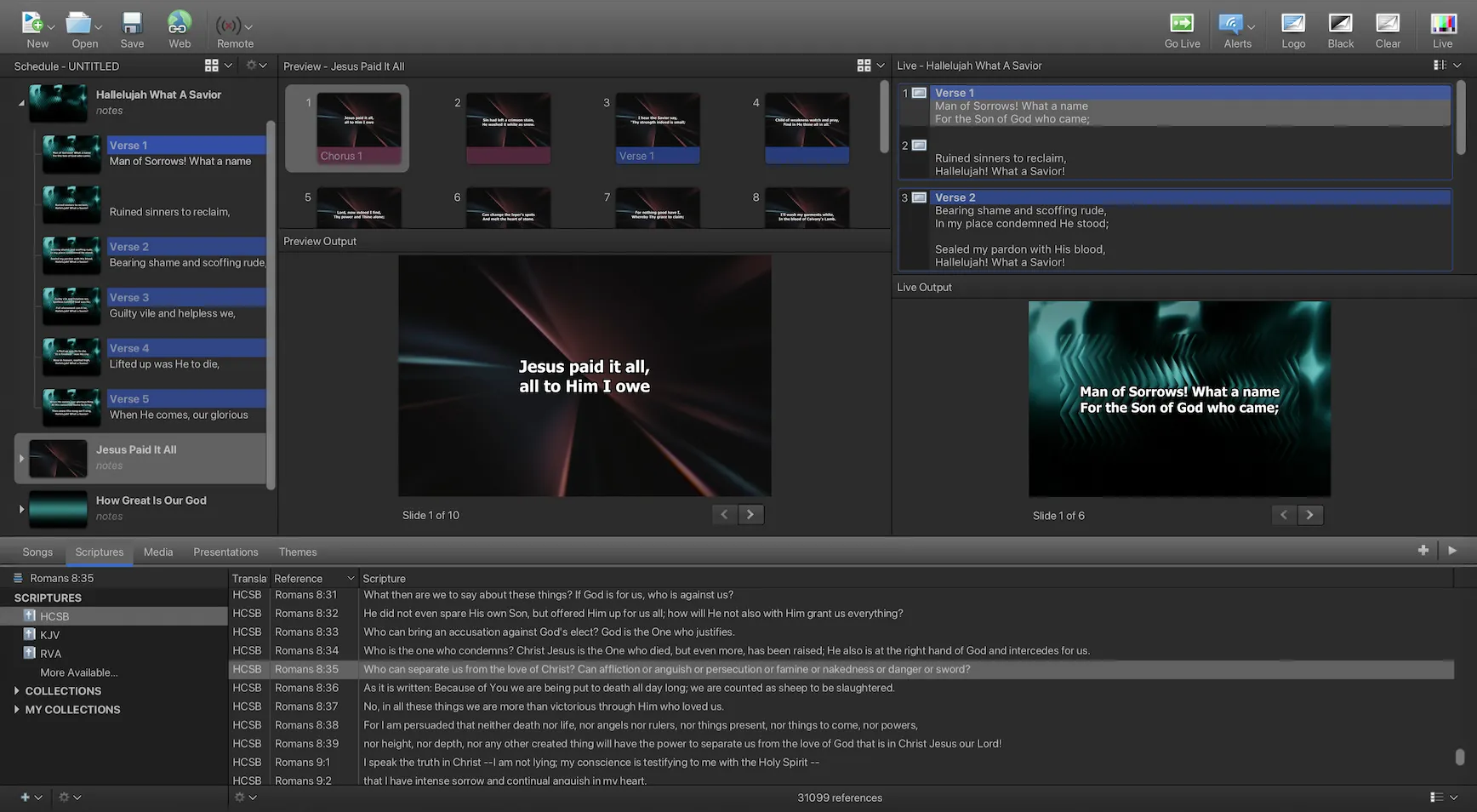 EasyWorship interface showing schedule, preview, live, and resources areas