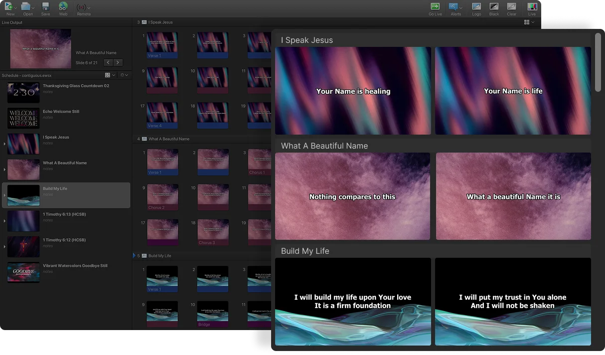 EasyWorship’s contiguous schedule view with songs, scriptures, and media