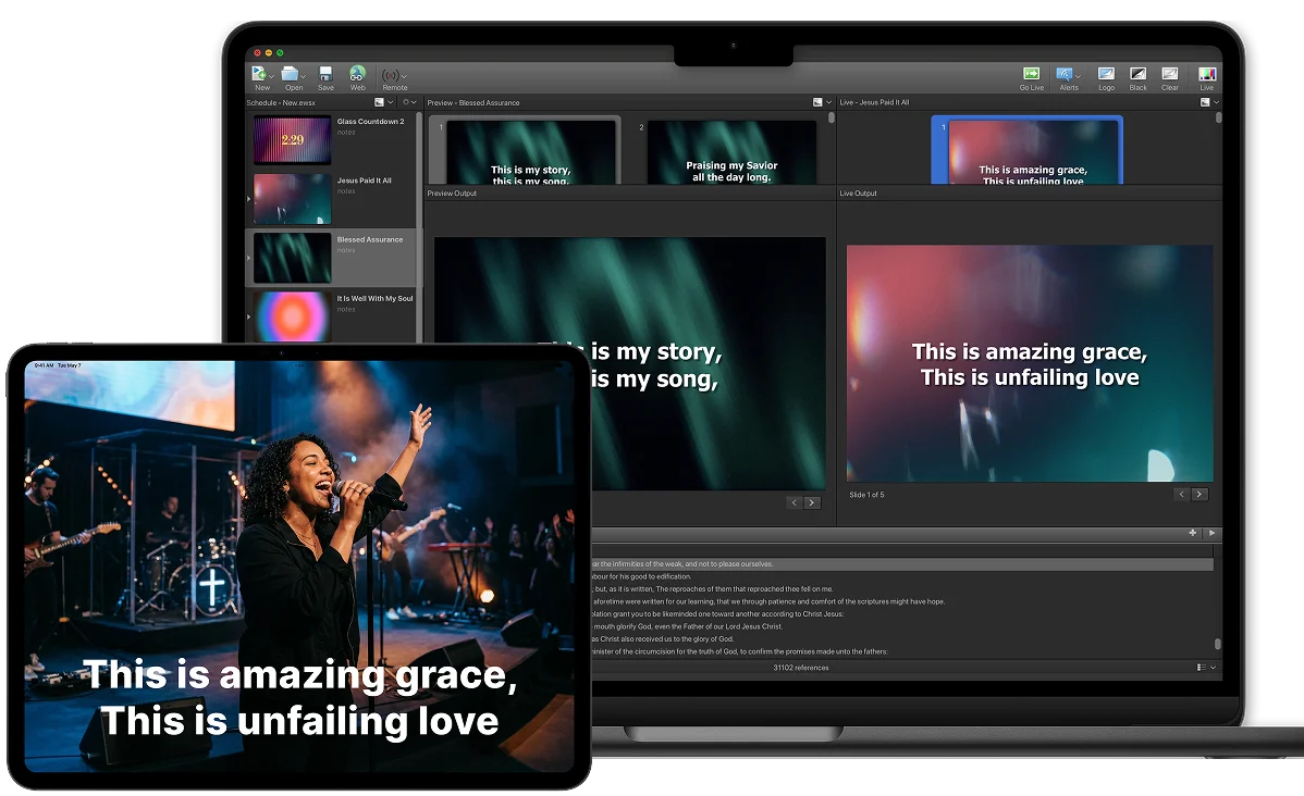 Worship leader on a tablet beside a laptop output, showing EasyWorship streaming integration