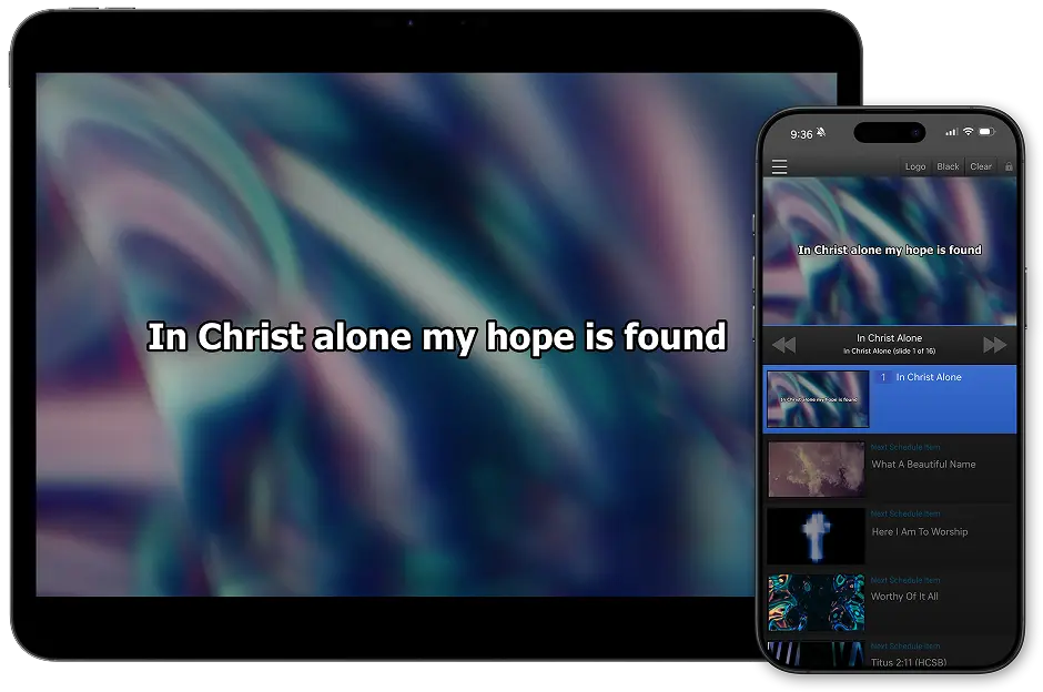 iPad and iPhone running the EasyWorship Remote app, showing a lyric slide and the song schedule