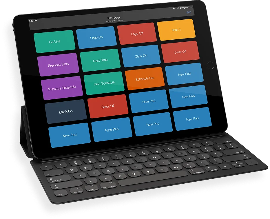 iPad with a grid of colored MIDI cue buttons for triggering EasyWorship actions
