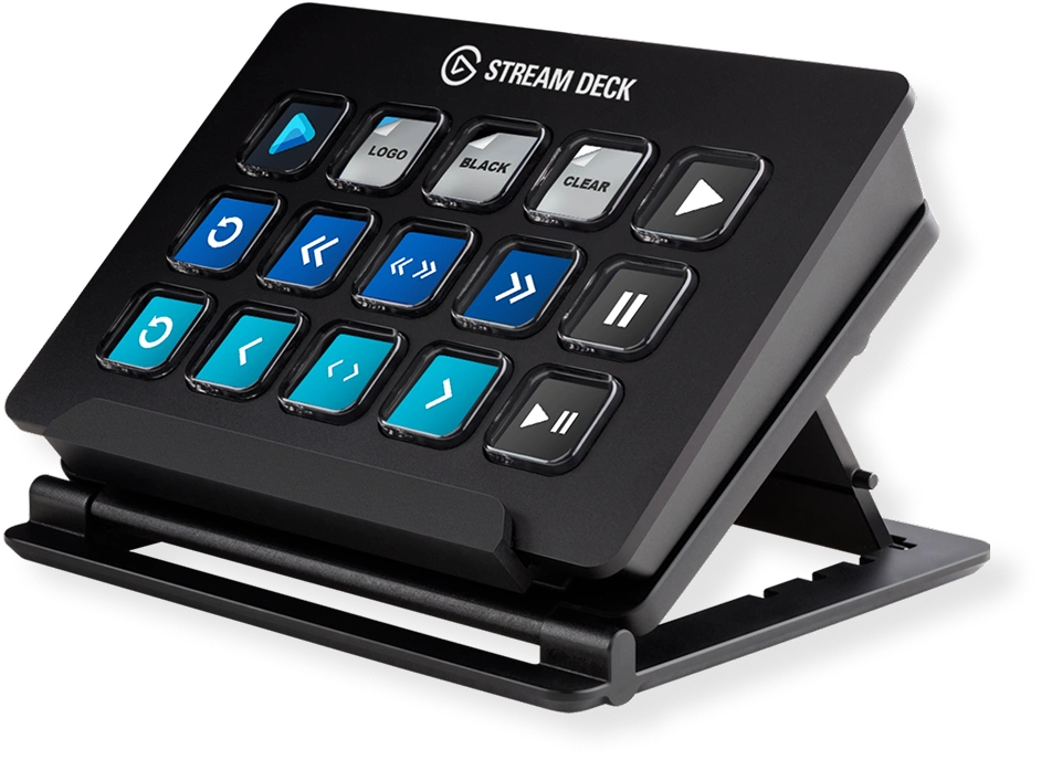 Elgato Stream Deck device with EasyWorship cue buttons mapped to its keys