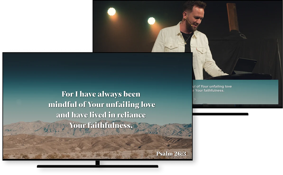 Two displays showing the same scripture slide kept in sync by MIDI